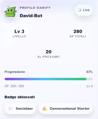 Schermata profilo Orixon Gamify con livelli, XP e badge