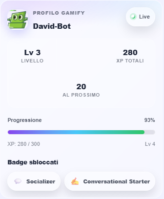 Profilo personale Orixon Gamify con livello, XP totali, progresso e badge sbloccati