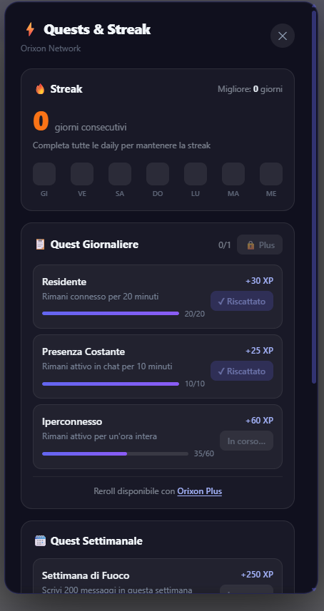 Interfaccia Orixon Gamify con quest giornaliere, streak e progressi XP