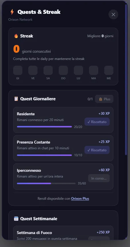 Interfaccia Orixon Gamify con quest giornaliere, streak e progressi XP