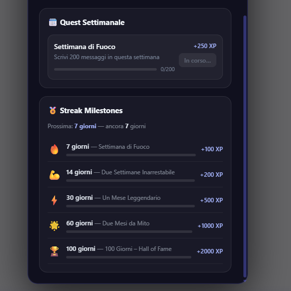 Milestone streak e quest settimanali nel sistema Orixon Gamify