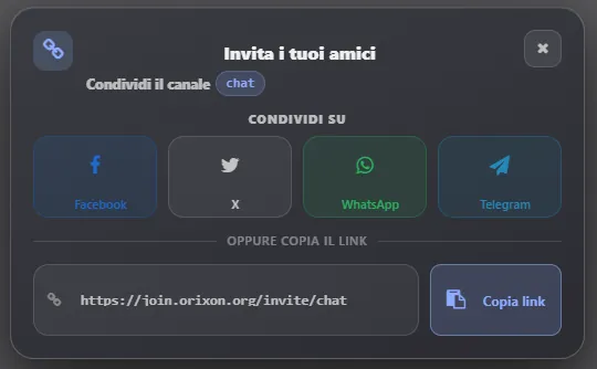 Schermata invito amici su Orixon IRC