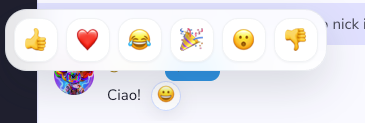 Reazioni ai messaggi su Orixon IRC — emoji thumbs up, cuore, risata e altro